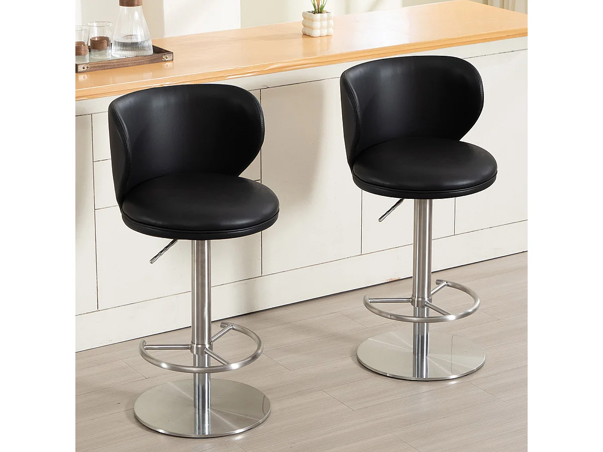 Tabouret de bar pivotant cuir - Réglable en hauteur - Pieds en métal argenté