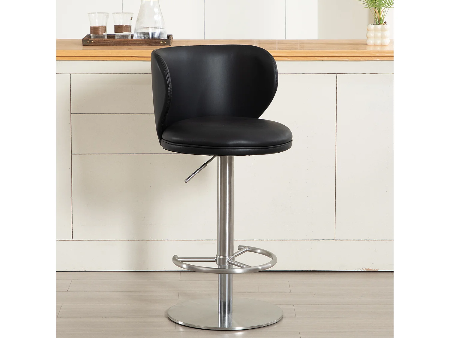 Tabouret de bar pivotant cuir - Réglable en hauteur - Pieds en métal argenté