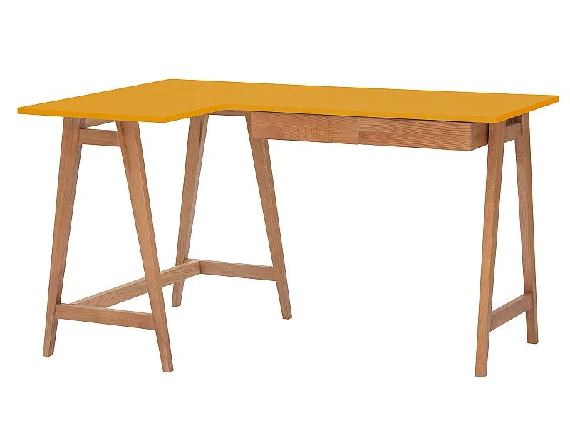 Bureau d'angle avec 2 tiroirs 135 x 85 cm Luka Jaune Genët | Pieds Chêne | Côté gauche