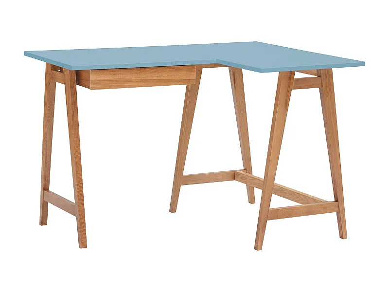 Bureau d'angle avec tiroir 115 x 85 cm Luka Bleu Doux | Pieds Chêne | Côté droit