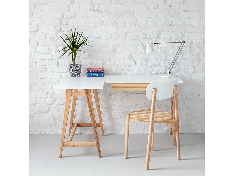 Bureau d'angle avec tiroir 115 x 85 cm Luka Blanc | Pieds en frêne | Côté gauche