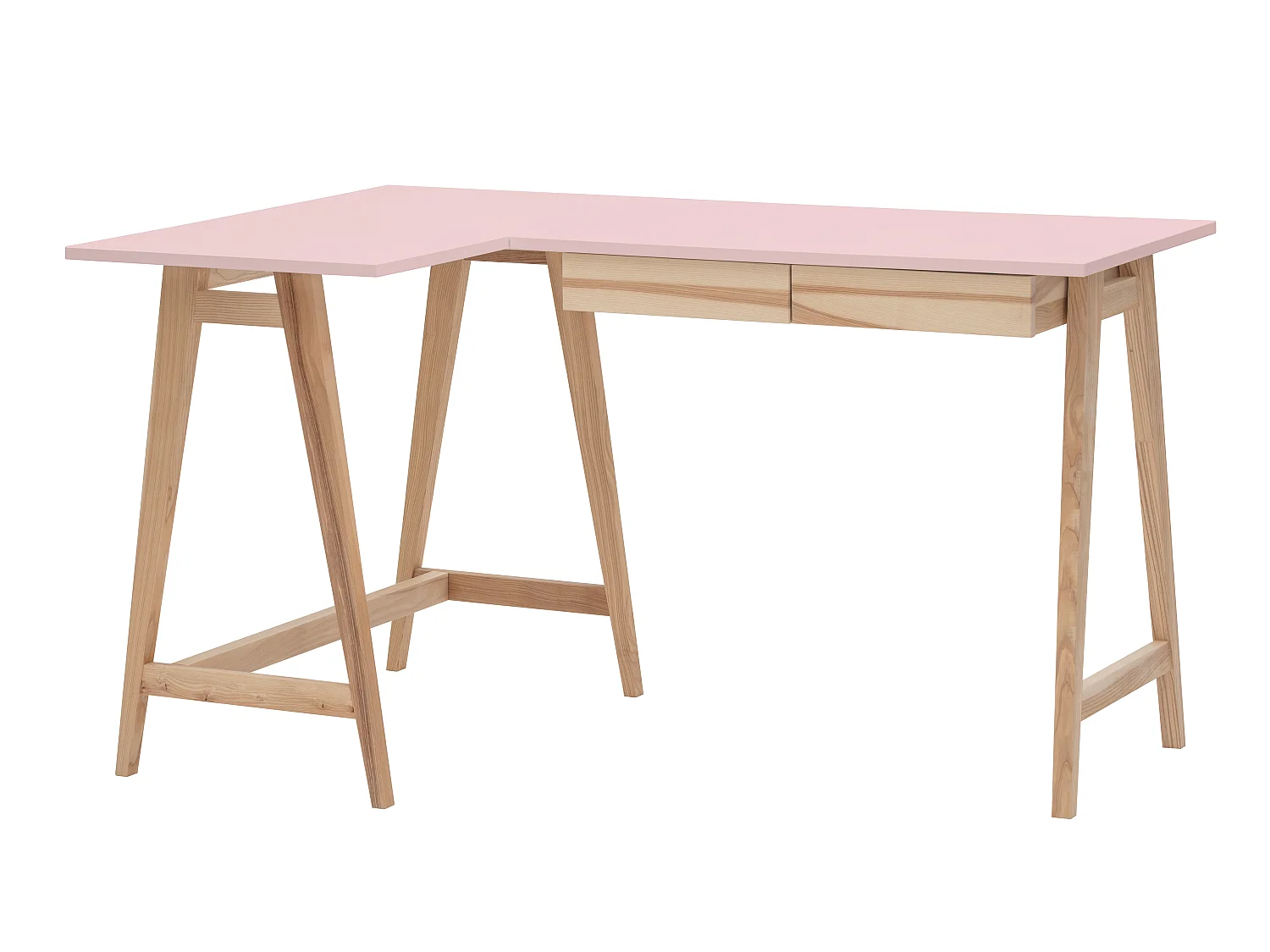 Escritorio esquinero con 2 cajones 135x85cm Luka Rosa Polvo | Patas de fresno | Lado izquierdo