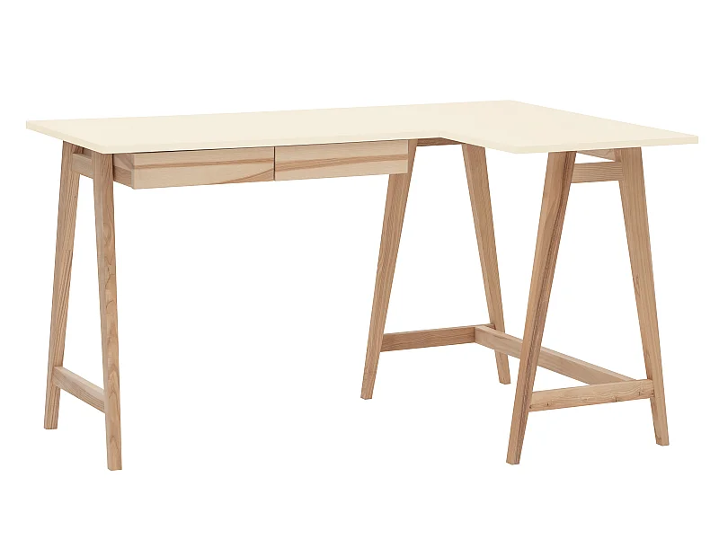 Bureau d'angle avec 2 tiroirs 135 x 85 cm Luka Blanc Craie | Pieds en frêne | Côté droit