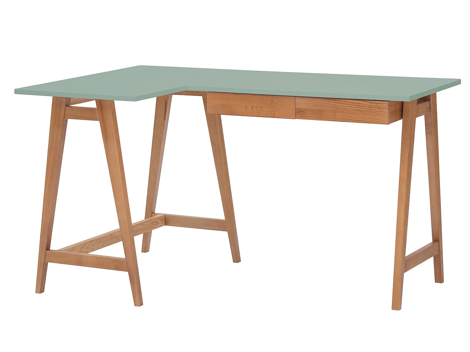 Bureau d'angle avec 2 tiroirs 135 x 85 cm Luka Vert Sauge | Pieds Chêne | Côté gauche