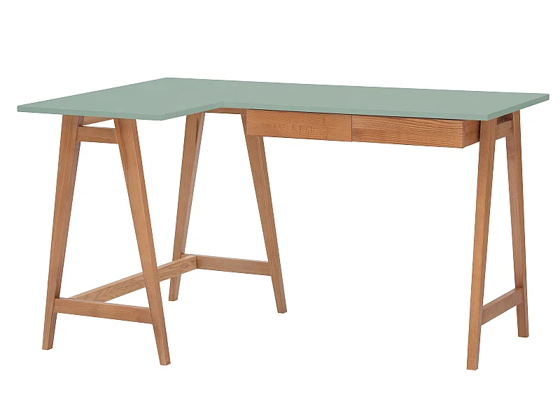 Bureau d'angle avec 2 tiroirs 135 x 85 cm Luka Vert Sauge | Pieds Chêne | Côté gauche