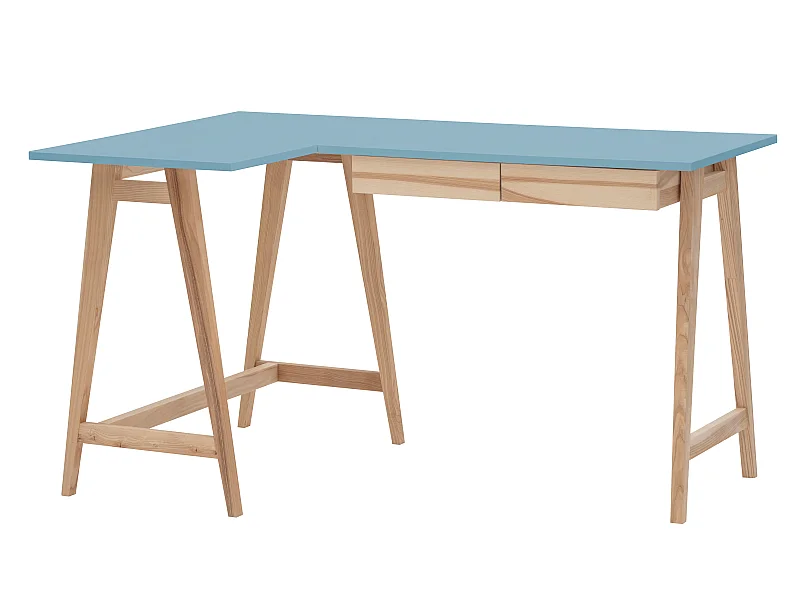 Bureau d'angle avec 2 tiroirs 135 x 85 cm Luka Bleu Doux | Pieds en frêne | Côté gauche