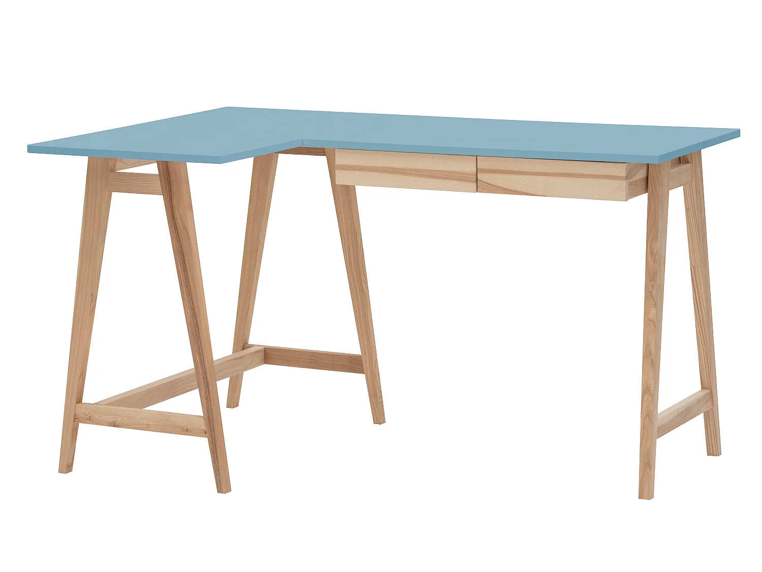 Bureau d'angle avec 2 tiroirs 135 x 85 cm Luka Bleu Doux | Pieds en frêne | Côté gauche