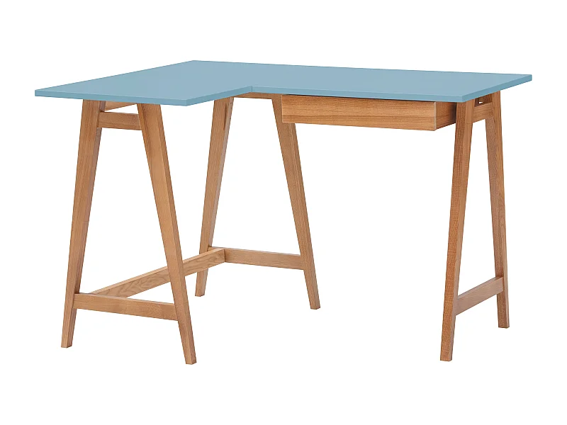 Scrivania angolare con cassetto 115x85cm Luka Blu Delicato | Gambe rovere | Lato sinistro