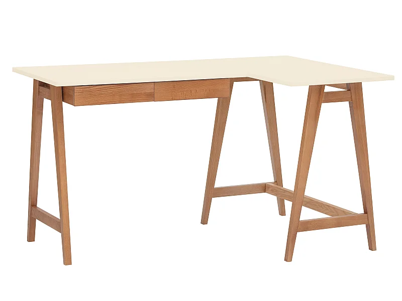 Bureau d'angle avec 2 tiroirs 135 x 85 cm Luka Blanc Craie | Pieds Chêne | Côté droit