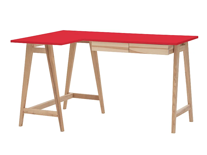Bureau d'angle avec 2 tiroirs 135 x 85 cm Luka Rouge Pur | Pieds en frêne | Côté gauche