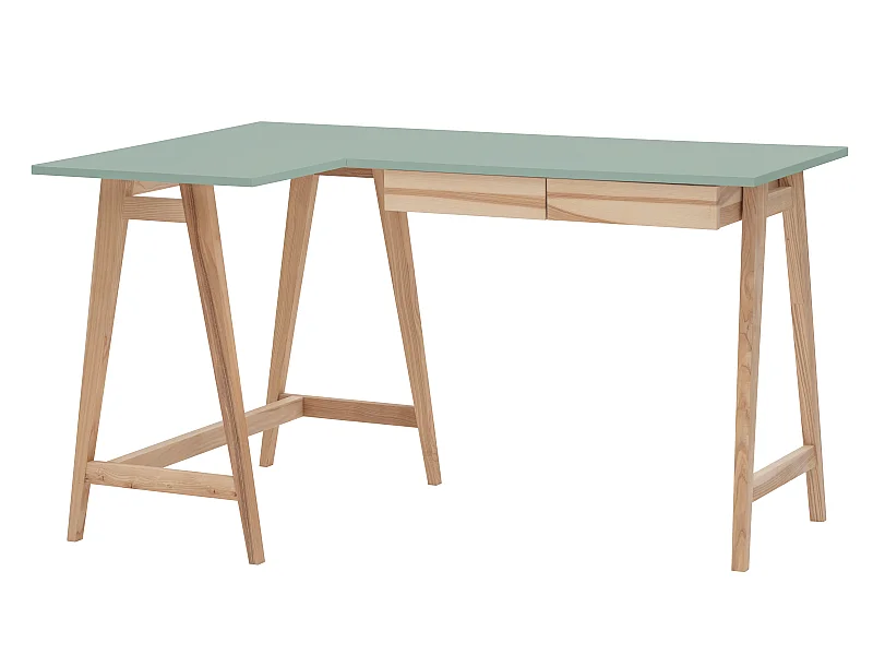 Bureau d'angle avec 2 tiroirs 135 x 85 cm Luka Vert Sauge | Pieds en frêne | Côté gauche