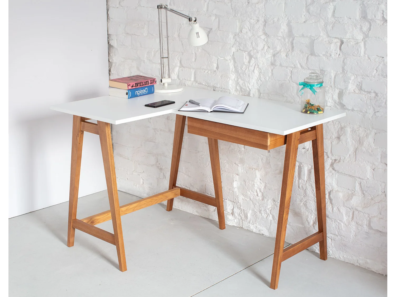 Bureau d'angle avec tiroir 115 x 85 cm Luka Blanc Craie | Pieds Chêne | Côté gauche