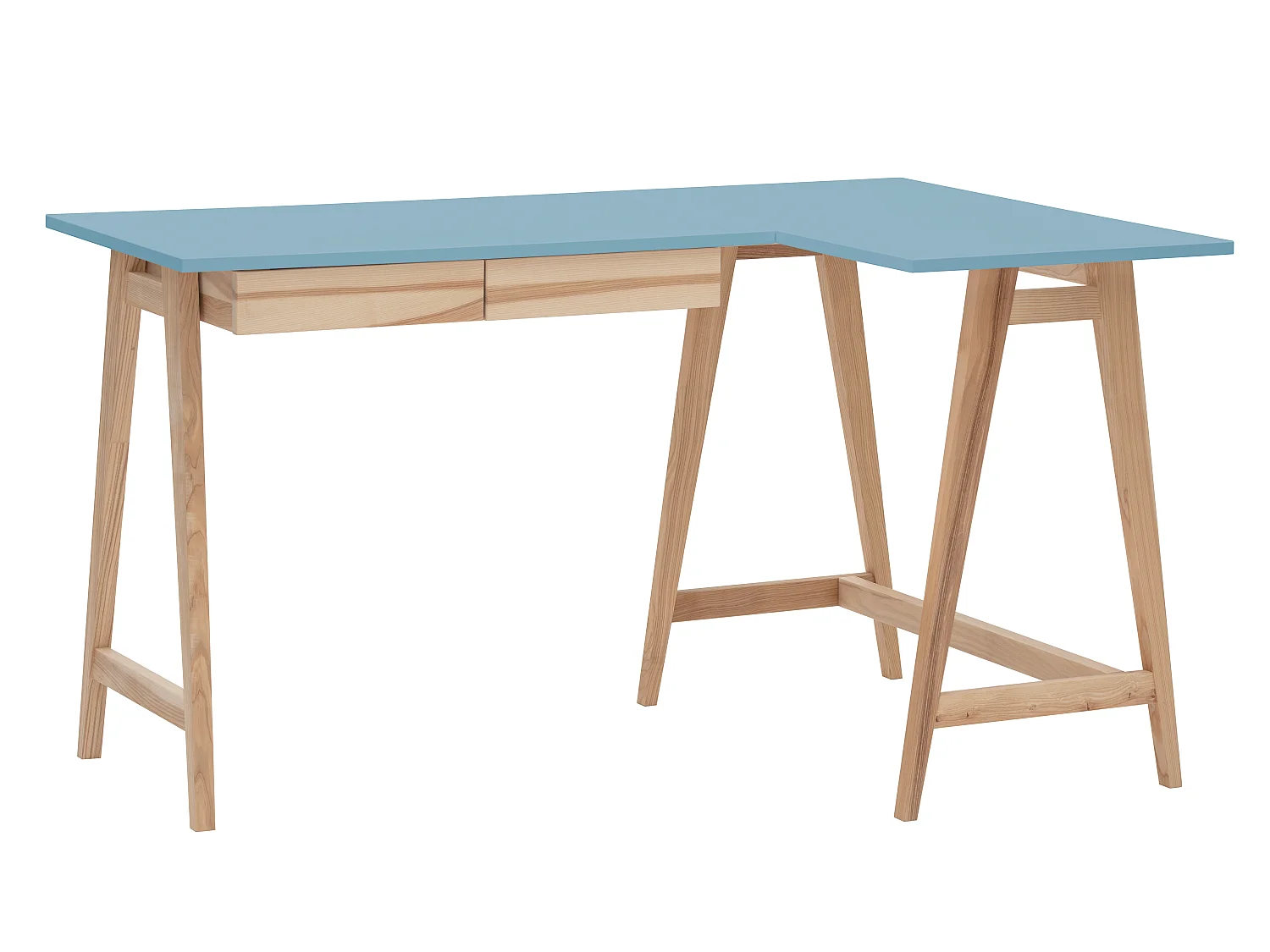 Bureau d'angle avec 2 tiroirs 135 x 85 cm Luka Bleu Doux | Pieds en frêne | Côté droit
