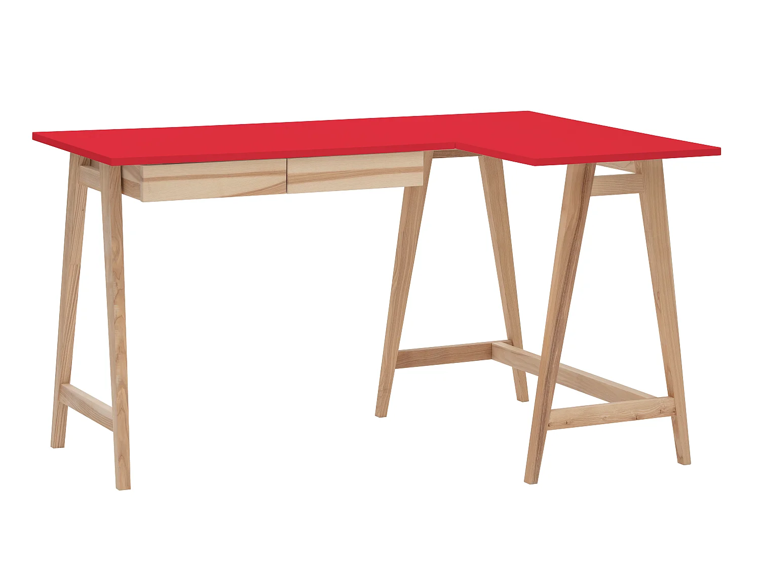 Bureau d'angle avec 2 tiroirs 135 x 85 cm Luka Rouge Pur | Pieds en frêne | Côté droit