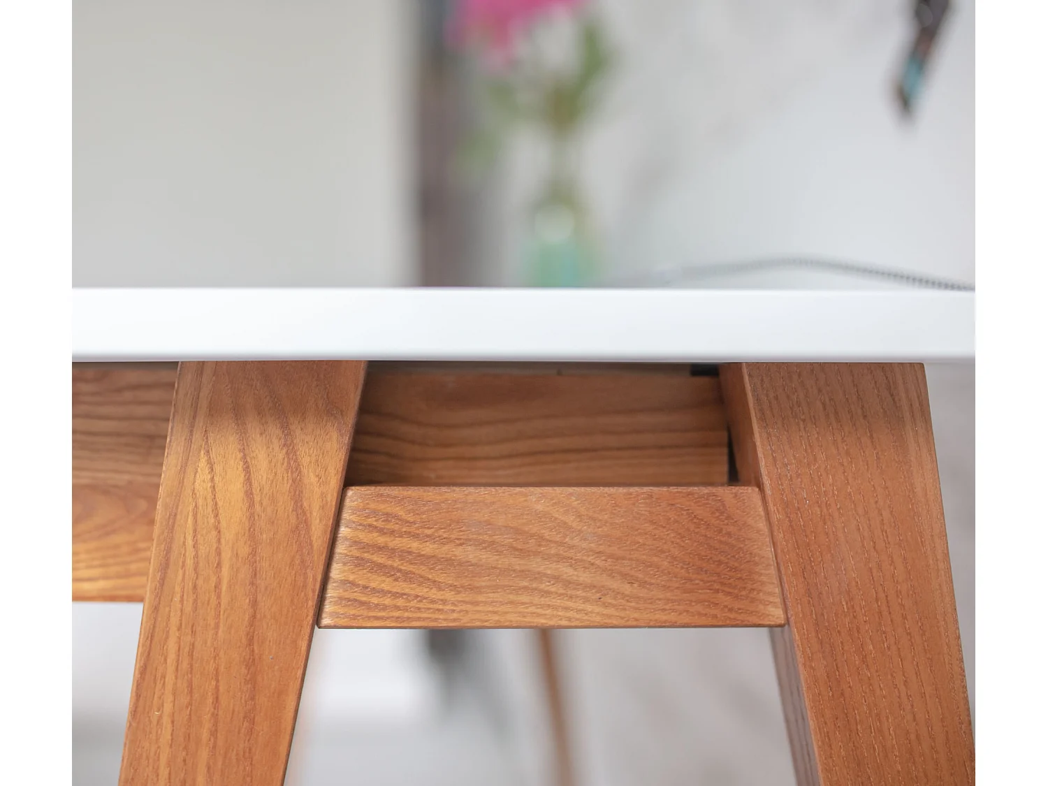 Bureau d'angle avec tiroir 115 x 85 cm Luka Rose Poudré | Pieds Chêne | Côté droit