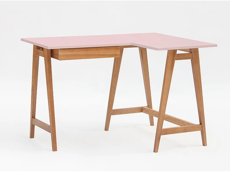 Bureau d'angle avec tiroir 115 x 85 cm Luka Rose Poudré | Pieds Chêne | Côté droit