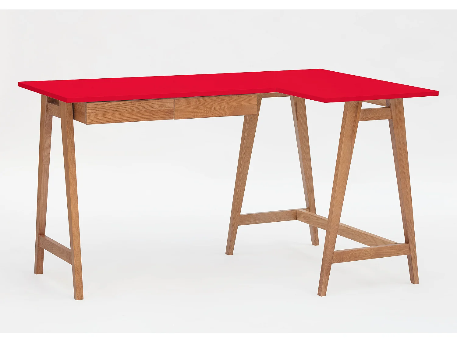 Bureau d'angle avec 2 tiroirs 135 x 85 cm Luka Rouge Pur | Pieds Chêne | Côté droit