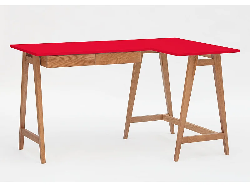 Bureau d'angle avec 2 tiroirs 135 x 85 cm Luka Rouge Pur | Pieds Chêne | Côté droit