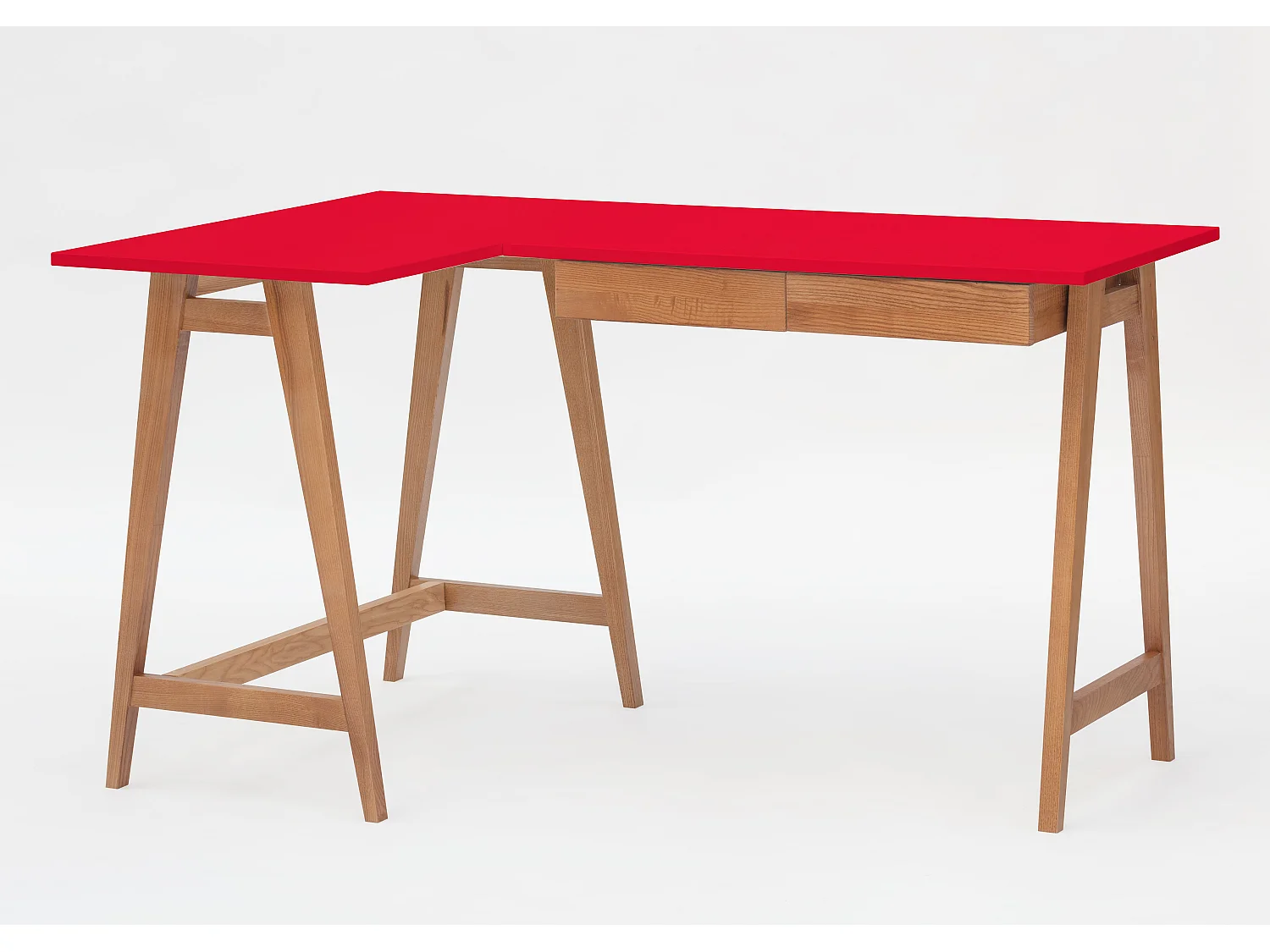 Escritorio esquinero con 2 cajones 135x85cm Luka Rojo | Patas Roble | Lado izquierdo