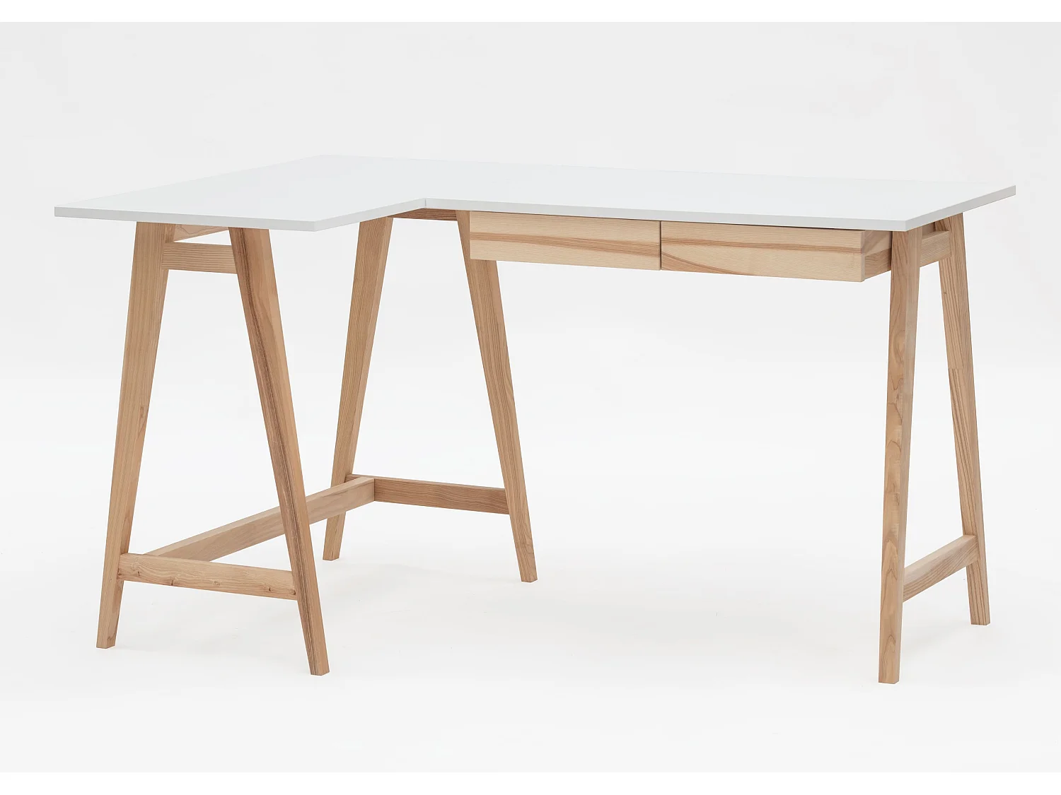 Hörnskrivbord med 2 lådor 135x85 cm Luka Vit | Ben i askträ | Vänster sida