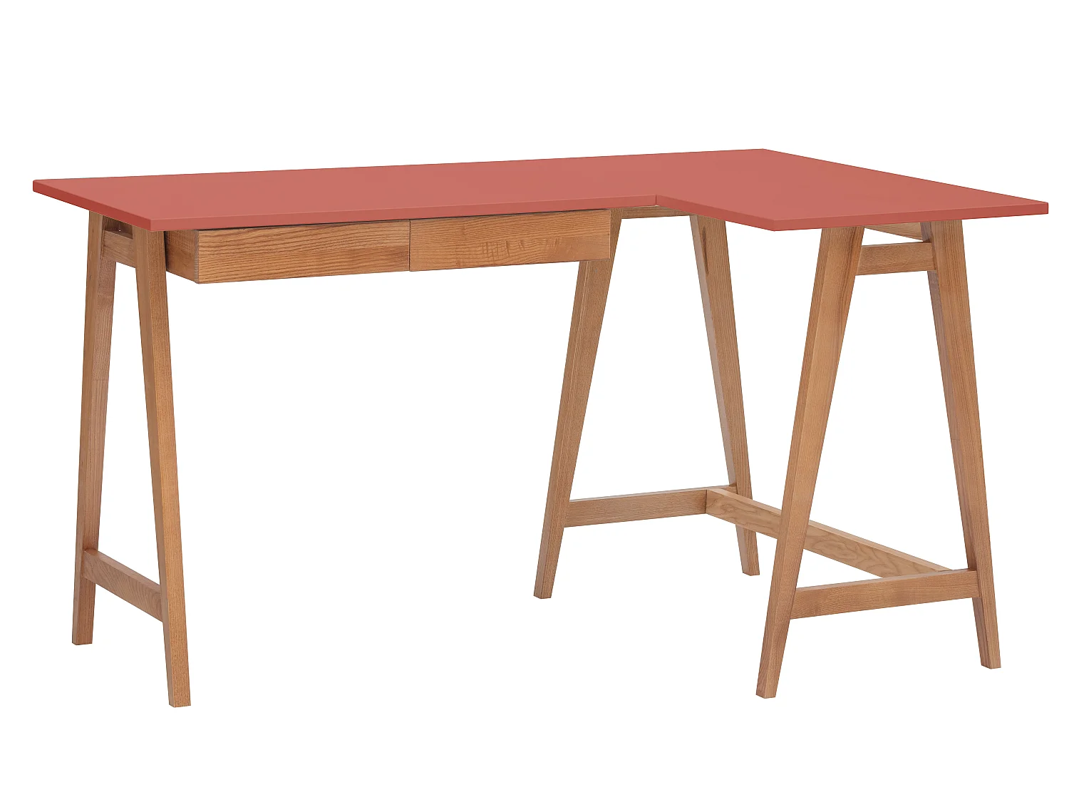 Bureau d'angle avec 2 tiroirs 135 x 85 cm Luka Vieux Rose | Pieds Chêne | Côté droit