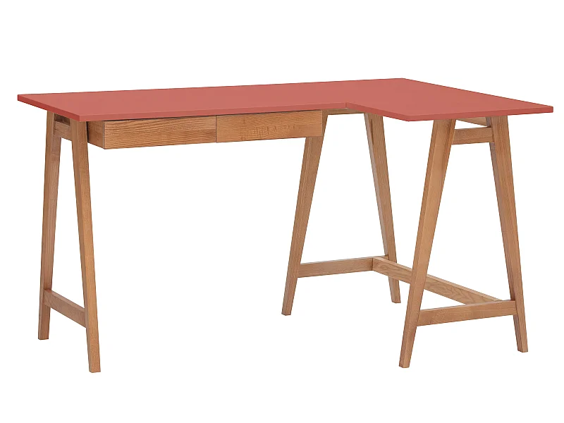 Bureau d'angle avec 2 tiroirs 135 x 85 cm Luka Vieux Rose | Pieds Chêne | Côté droit