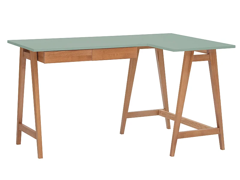 Bureau d'angle avec 2 tiroirs 135 x 85 cm Luka Vert Sauge | Pieds Chêne | Côté droit