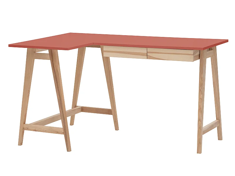 Bureau d'angle avec 2 tiroirs 135 x 85 cm Luka Vieux Rose | Pieds en frêne | Côté gauche