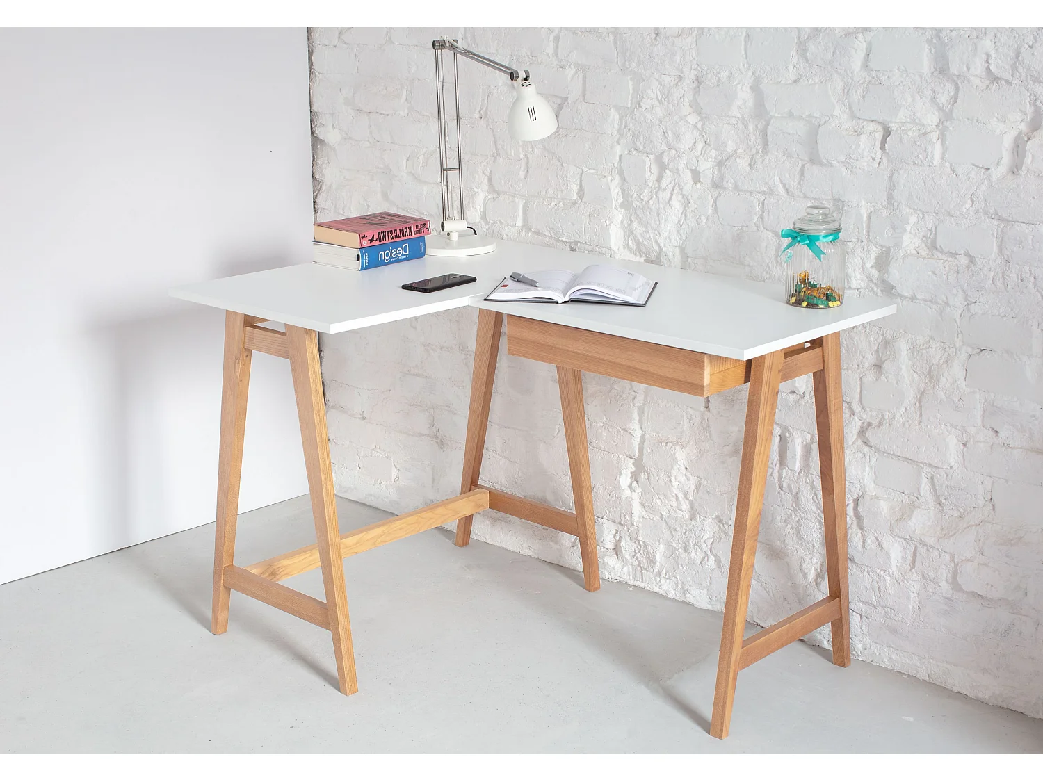 Eckschreibtisch mit Schublade 115 x 85 cm Luka Antikrosa | Beine aus Eschenholz | Linke Seite