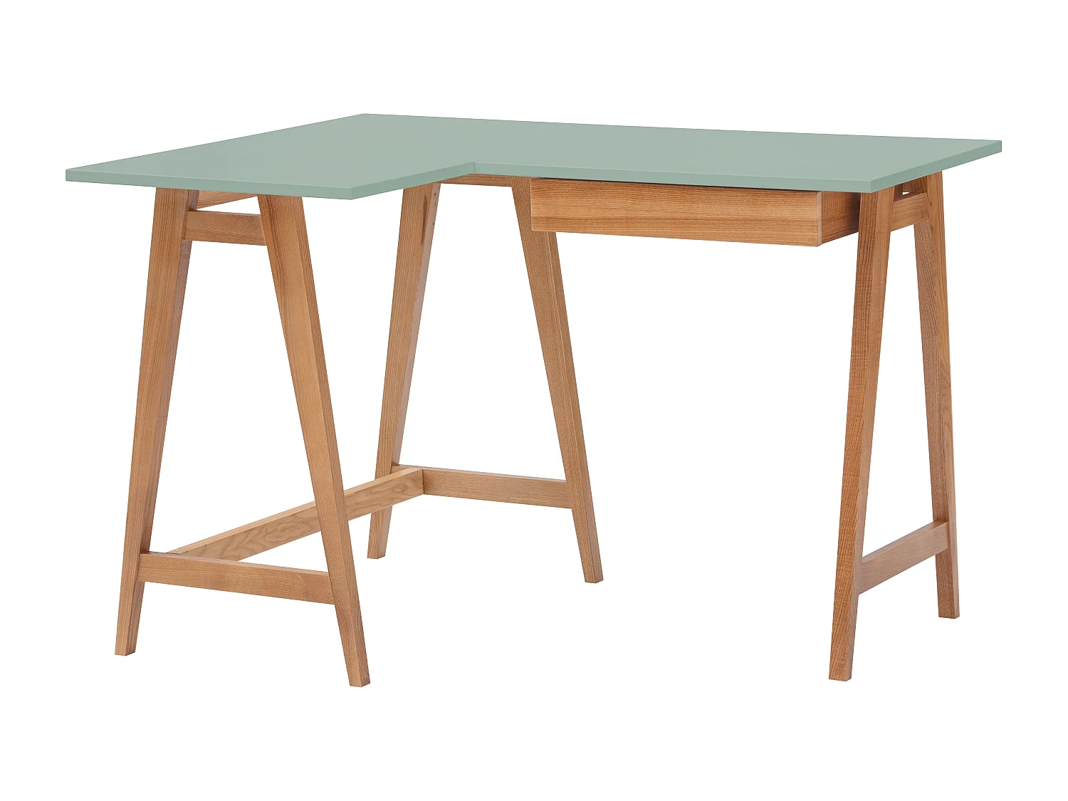 Escritorio esquinero con cajón 115x85cm Luka Verde Salvia | Patas Roble | Lado izquierdo