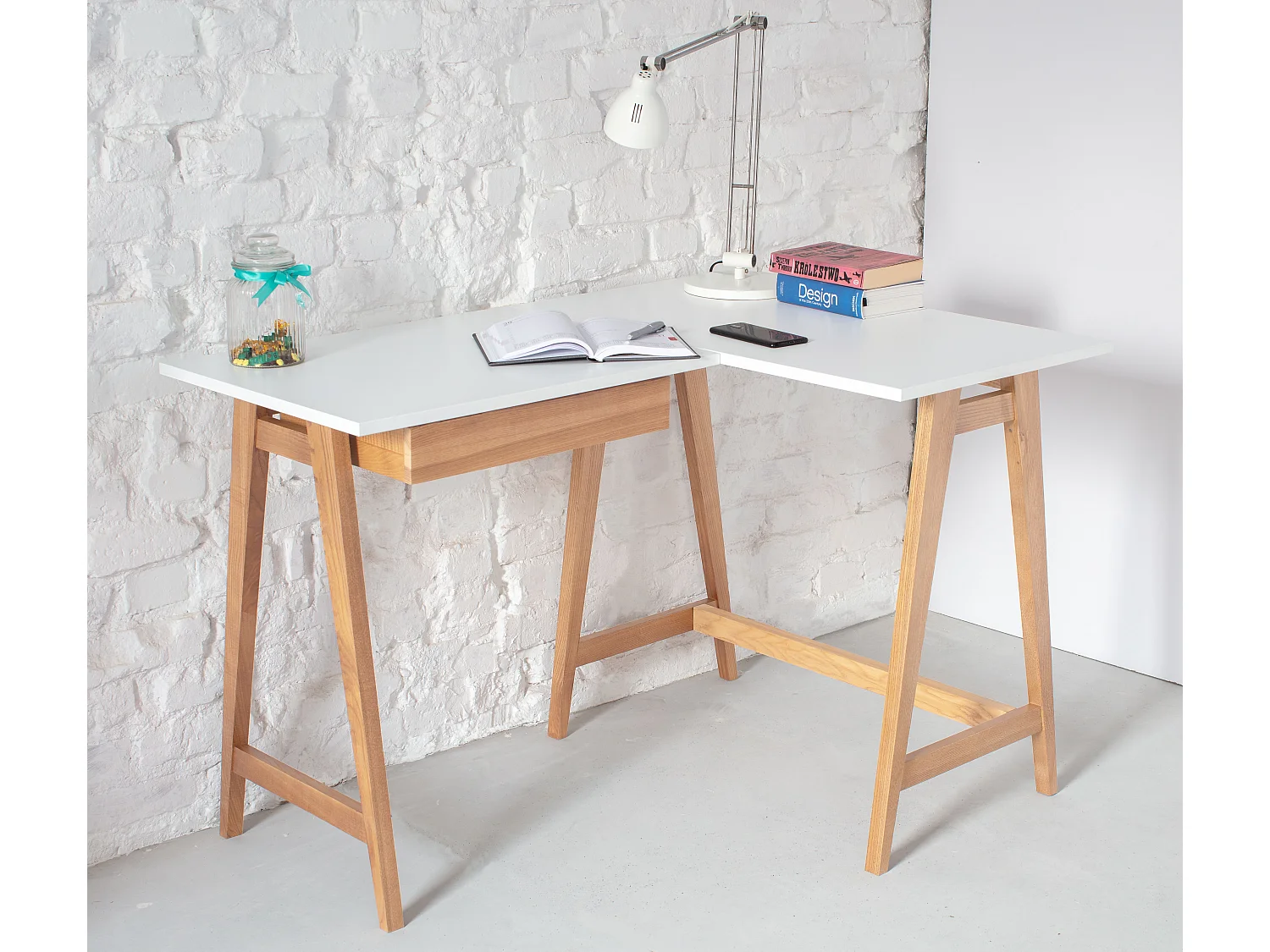 Escritorio esquinero con cajón 115x85cm Luka Gris Perla | Patas de fresno | Lado derecho