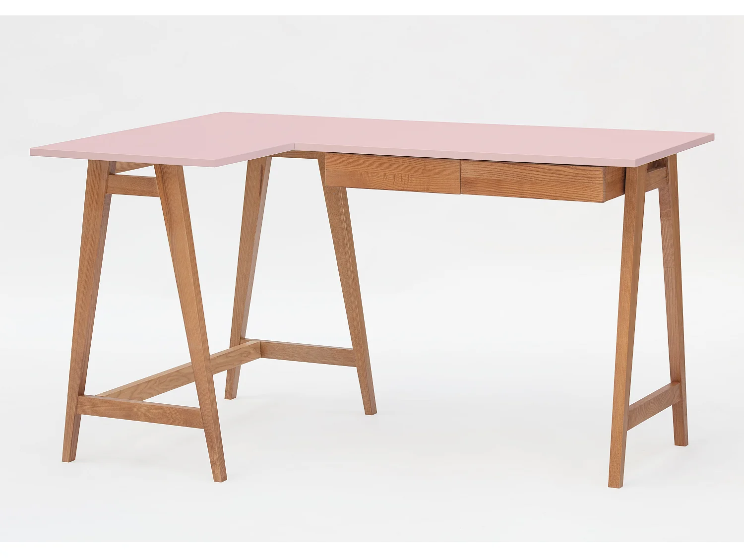 Escritorio esquinero con 2 cajones 135x85cm Luka Rosa Polvo | Patas Roble | Lado izquierdo