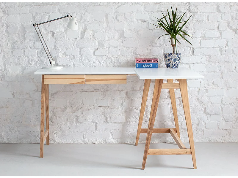 Bureau d'angle avec 2 tiroirs 135 x 85 cm Luka Blanc | Pieds en frêne | Côté droit