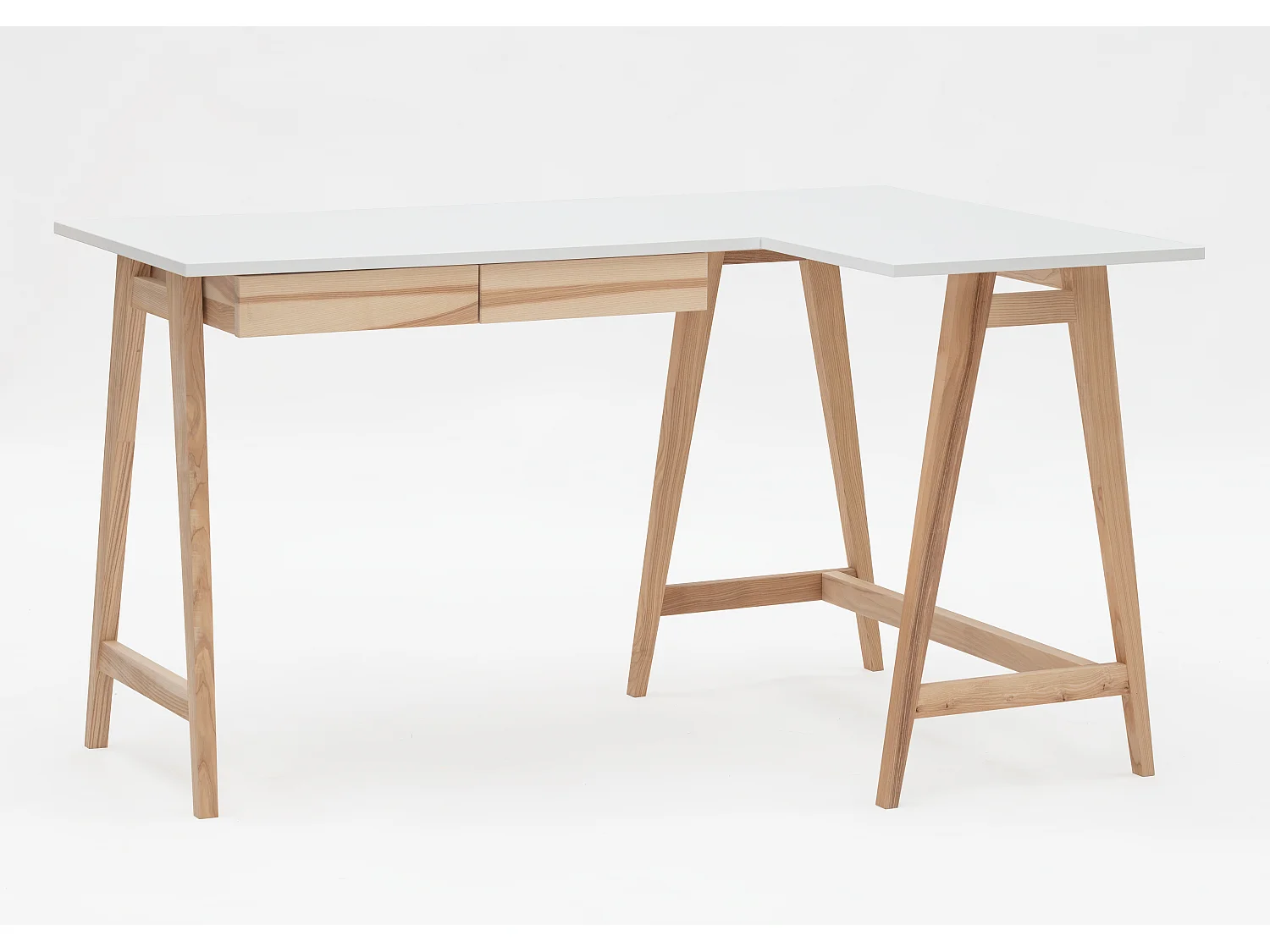 Hörnskrivbord med 2 lådor 135x85 cm Luka Vit | Ben i askträ | Höger sida