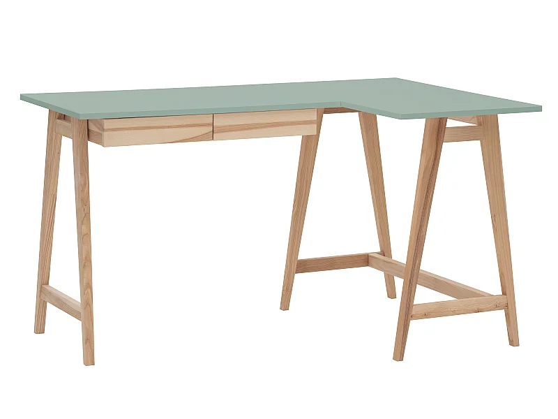 Bureau d'angle avec 2 tiroirs 135 x 85 cm Luka Vert Sauge | Pieds en frêne | Côté droit