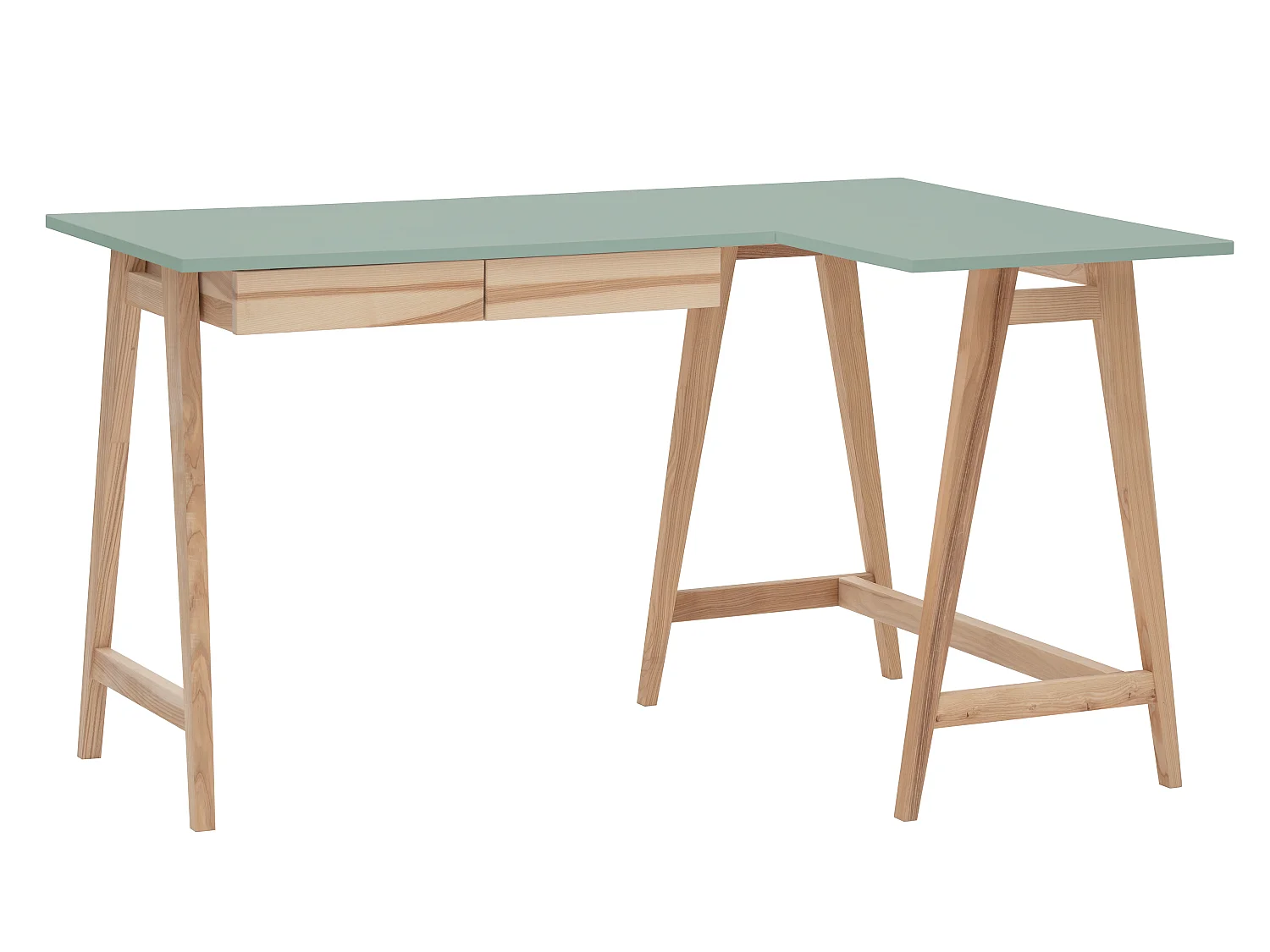 Bureau d'angle avec 2 tiroirs 135 x 85 cm Luka Vert Sauge | Pieds en frêne | Côté droit