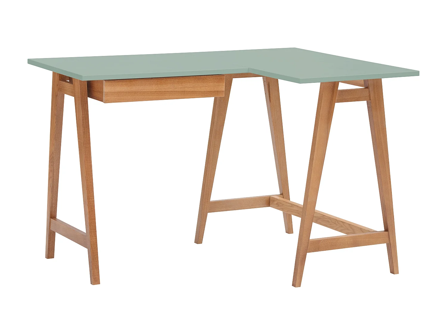 Bureau d'angle avec tiroir 115 x 85 cm Luka Vert Sauge | Pieds Chêne | Côté droit