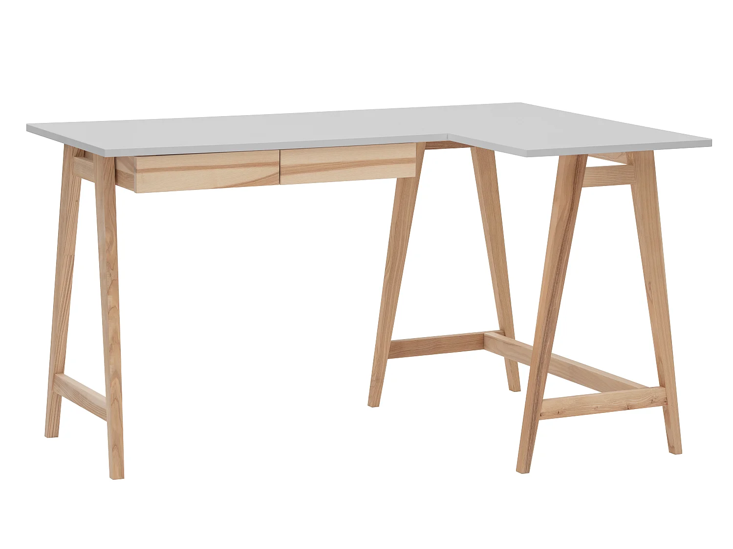 Escritorio esquinero con 2 cajones 135x85cm Luka Gris Perla | Patas de fresno | Lado derecho