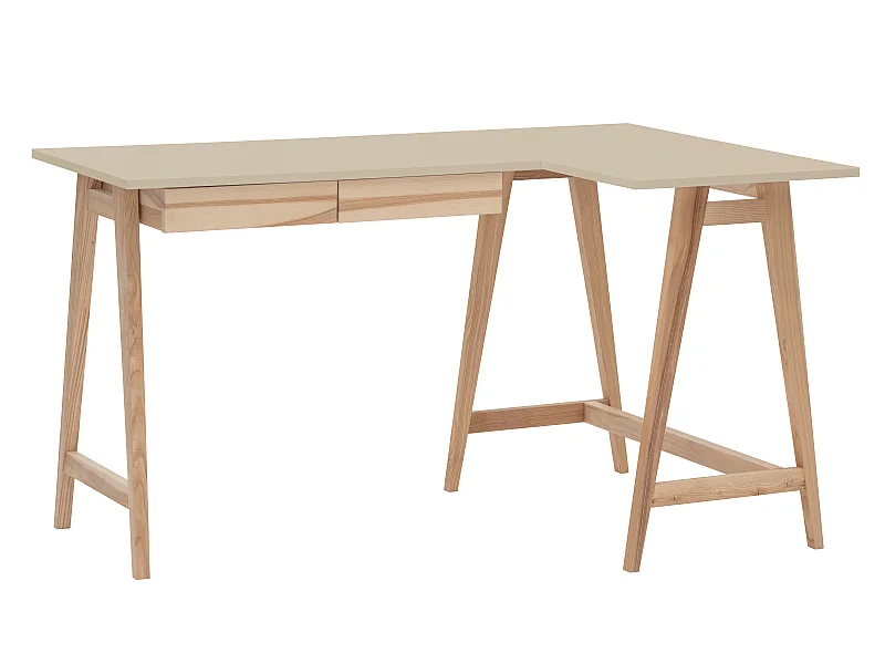 Bureau d'angle avec 2 tiroirs 135 x 85 cm Luka Beige Brun | Pieds en frêne | Côté droit