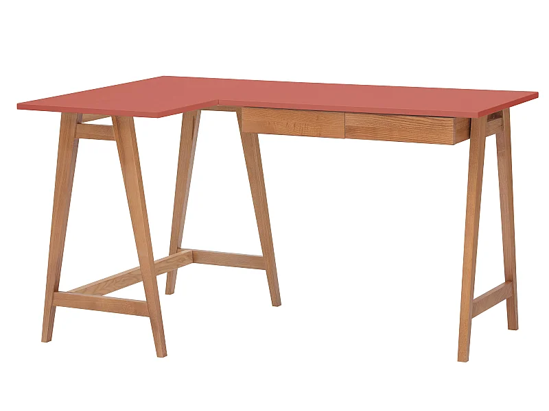 Bureau d'angle avec 2 tiroirs 135 x 85 cm Luka Vieux Rose | Pieds Chêne | Côté gauche