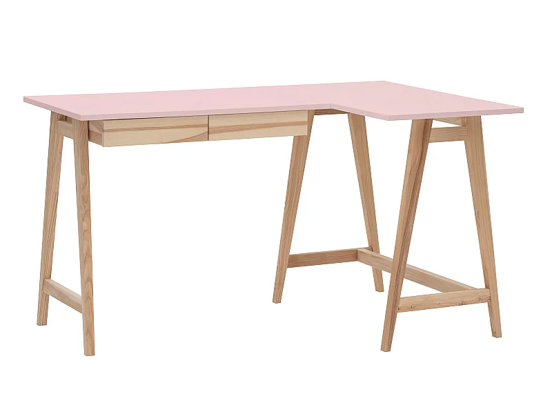 Bureau d'angle avec 2 tiroirs 135 x 85 cm Luka Rose Poudré | Pieds en frêne | Côté droit
