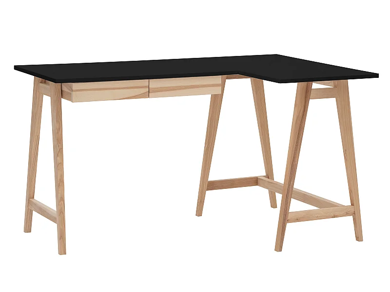 Bureau d'angle avec 2 tiroirs 135 x 85 cm Luka Noir | Pieds en frêne | Côté droit
