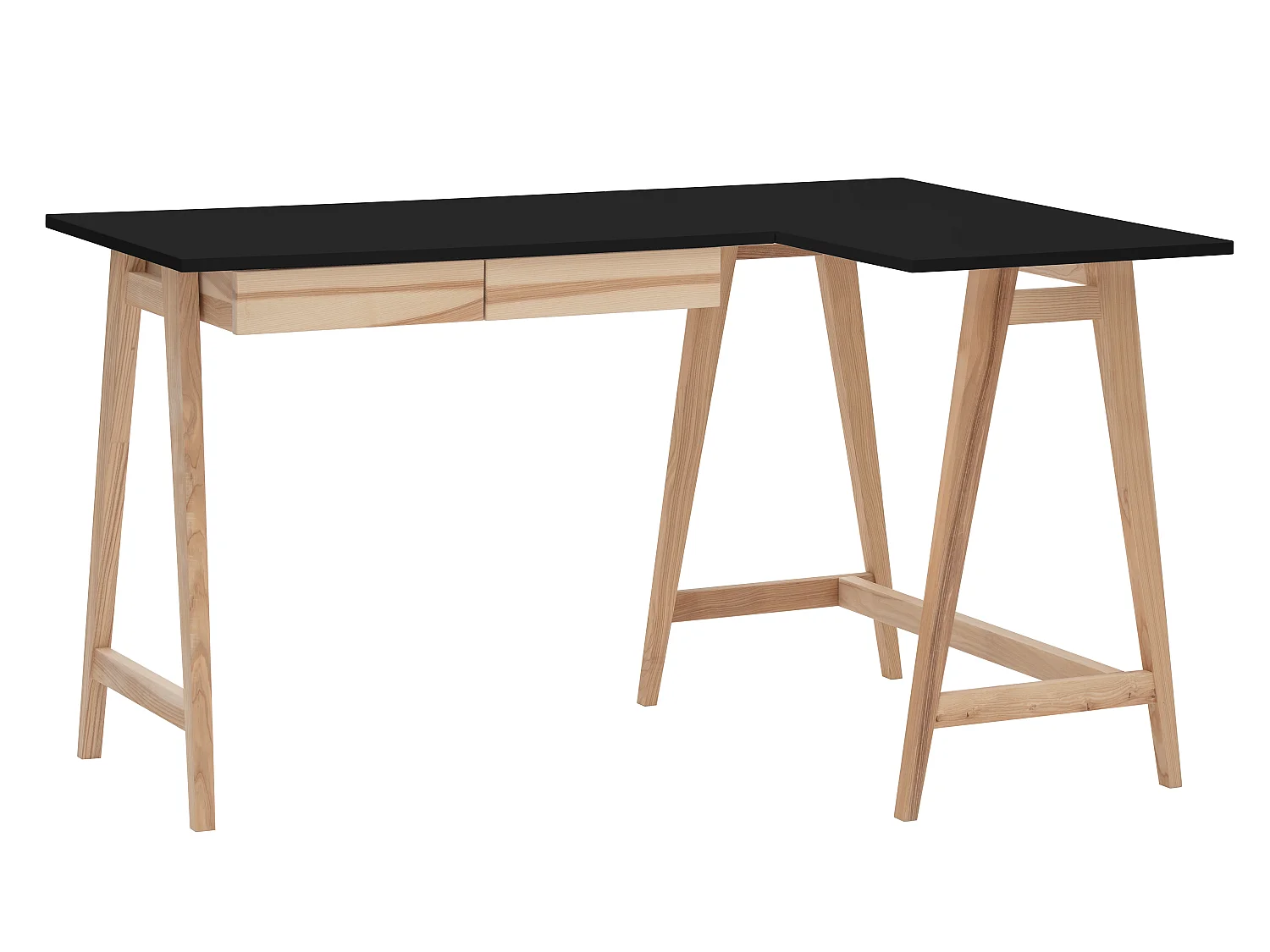 Escritorio esquinero con 2 cajones 135x85cm Luka Negro | Patas de fresno | Lado derecho