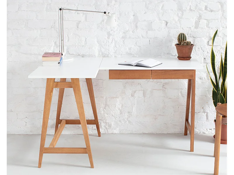 Bureau d'angle avec 2 tiroirs 135 x 85 cm Luka Blanc | Pieds Chêne | Côté droit