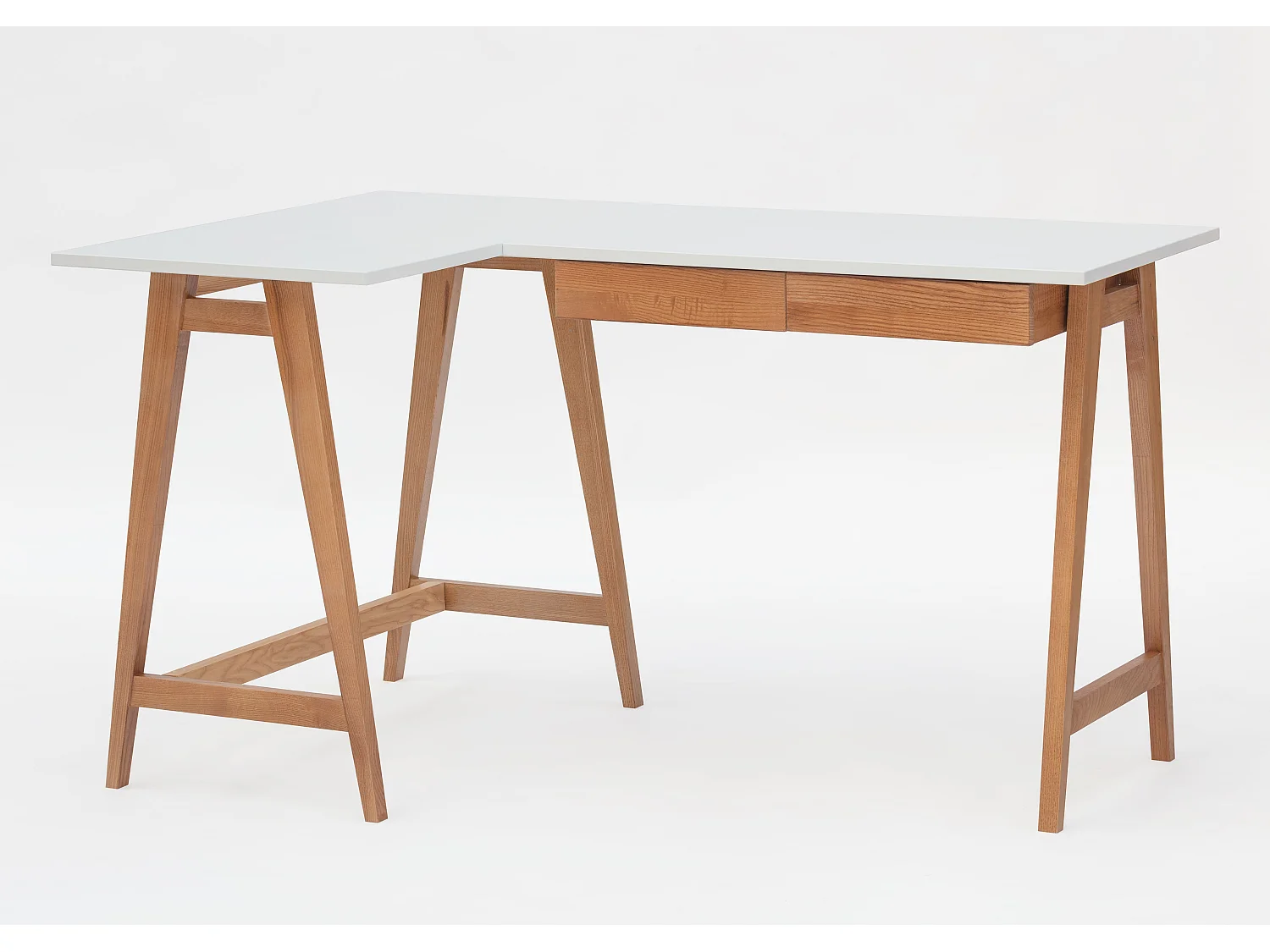 Hörnskrivbord med 2 lådor 135x85 cm Luka Vit | Ben i ekträ | Vänster sida
