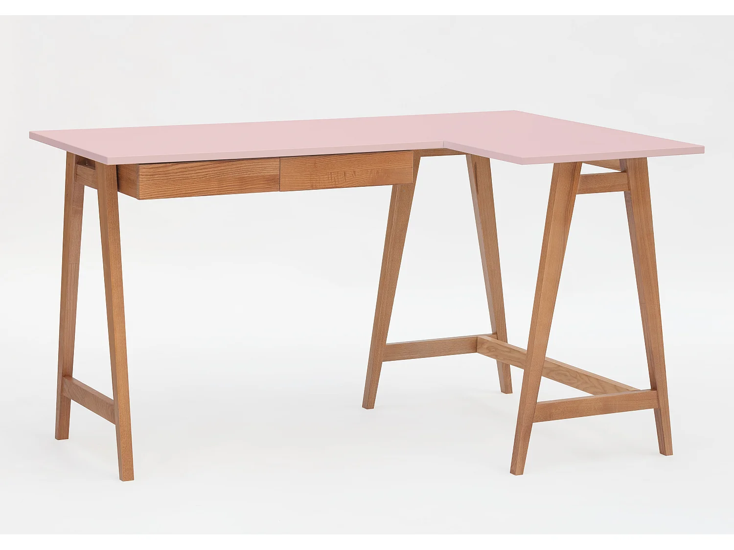 Escritorio esquinero con 2 cajones 135x85cm Luka Rosa Polvo | Patas Roble | Lado derecho