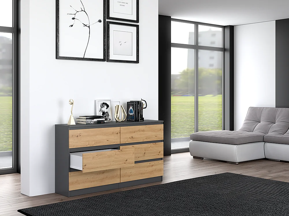 Élégante Commode Anthracite en Chêne de 120 cm à 6 Tiroirs
