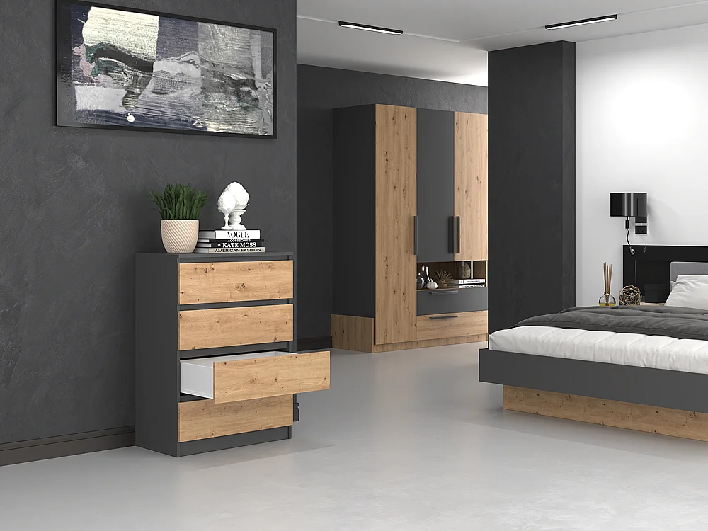Commode en Chêne Anthracite à 4 Tiroirs, 70x40x97 cm