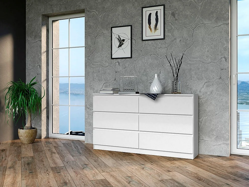 Commode Moderne Blanche à 6 Tiroirs de 140cm de Large