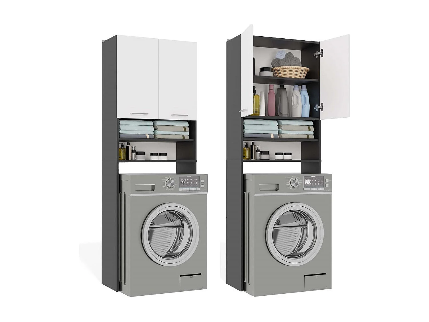 Armoire de machine à laver moderne blanche et anthracite avec étagères réglables - 64x30x180cm